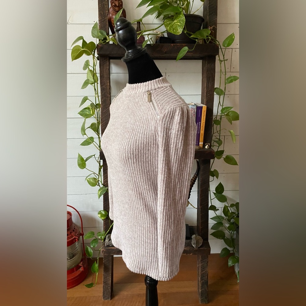 Olivia Blu: Cream Tan Soft Sweater with Zippers at Collar - Picture 10 of 17